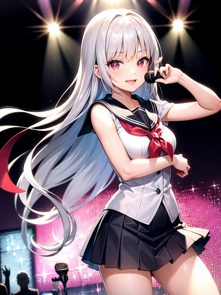 Long silver hair high school girl、Red eyes、Sailor suit、blazer、The background is the live stage、Hold the microphone、Dazzling Spotlight、smile