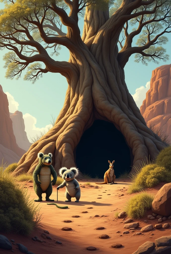 Create a cover for a short story with a koala and a crocodile looking for someone and a baobab tree in the center and a dark stone cave with a kangaroo inside sitting with her head down between her knees held by her arms and small footprints on the way to the cave. 