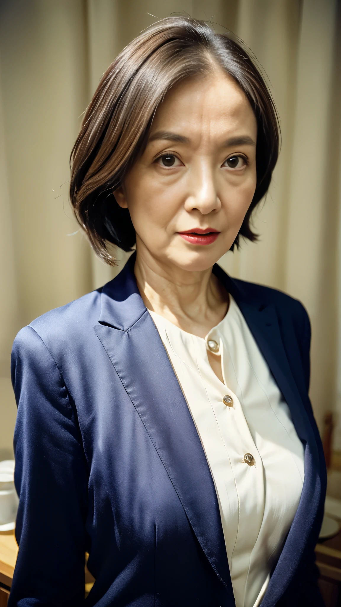 masterpiece, ((Great Focus)), 32K, Beautiful finish, Beautiful mature woman, 65-year-old woman, Photo of your ID, Cool look, Red lips, Thin lips, suit, round 1, Light from the front,