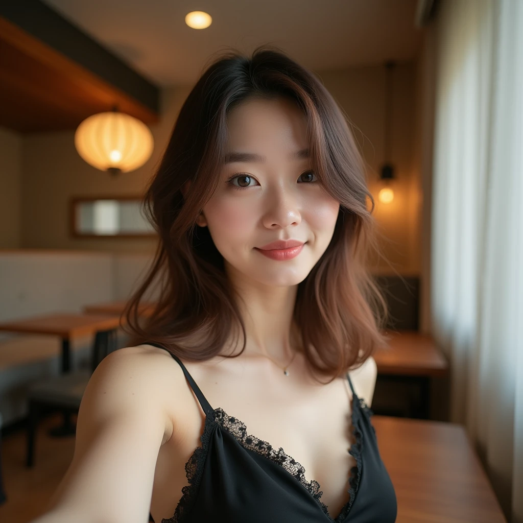 Highest quality、Lounge、Japanese、18-year-old、(Hostess)、Brown Hair、private、Off-shot、(Living Style:1.3)、(Selfie:1.3)、Selphy、(1 person)、(slender:1.2)、(Black camisole:1.3)