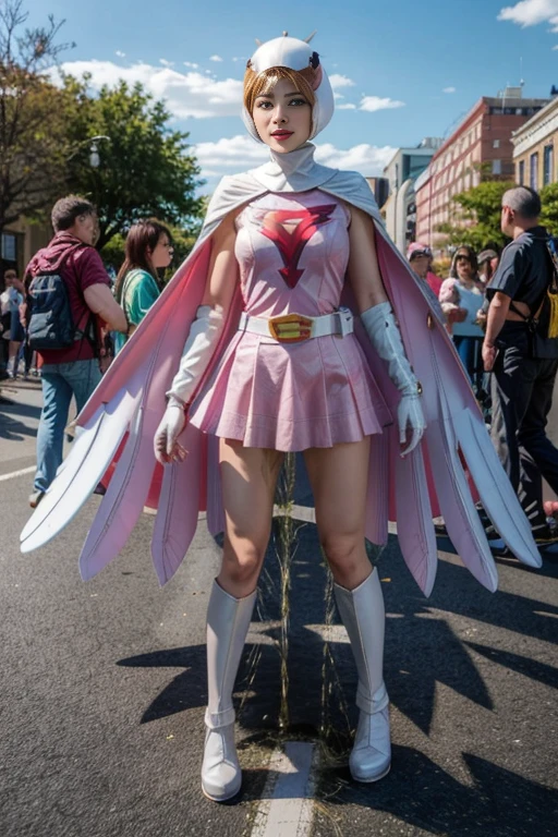 (realistic, photo-realistic),(masterpiece,best quality), RAW photo, high resolution, extremely detailed, intricate details, (full body), front view, looking at viewer,
ANI_CLASSIC_jun_gatchaman_ownwaifu, jun the swan, 
solo, 1girl, superheroine, a stunning young adult female, spread legs apart, slender, narrow waist, (huge breasts, cloth bulge), detailed face, detailed eyes, 
(visor, helmet, white cape, elbow gloves, white gloves, belt, thighs, white legwear, short dress, pink dress, pink leotard, pink skirt:1.2), 
(peeing self, urinate a lot, pee stain,urination:1.5),pee puddle,desperate pose for peeing,desperate face,
photo background, outdoors, downtown, holiday, daytime, (crowd in background:1.4),