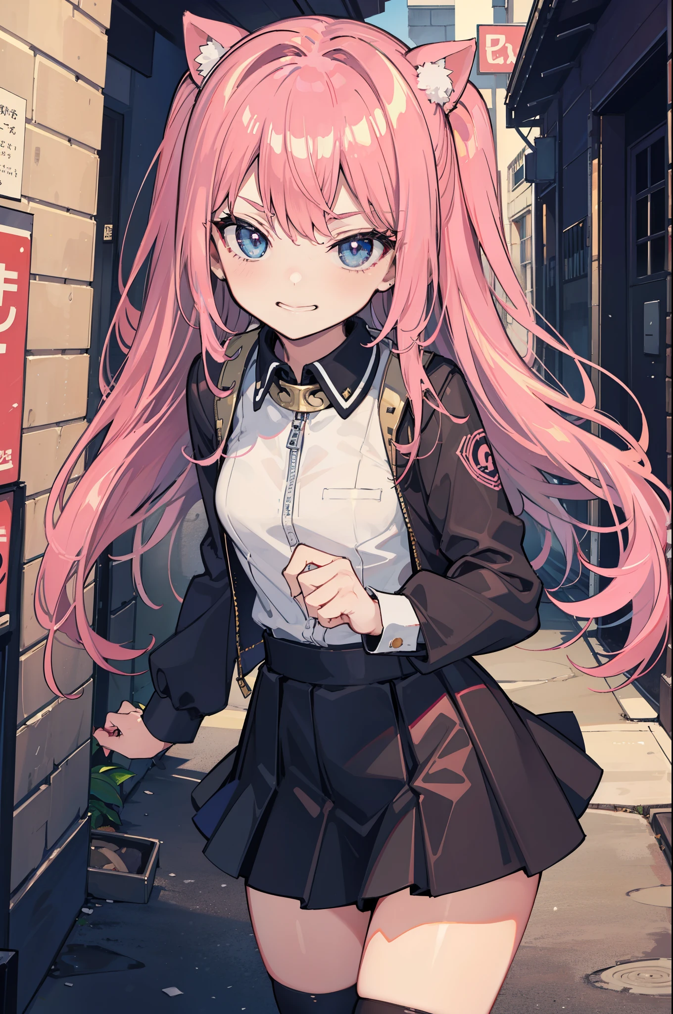 (hentai:1.1), (ideal:1.1), (perfection:1.1), (flawless:1.1), (best quality:1.2), (highest quality:1.2), dark alley, 1girl, solo, (loli:1.1), (cute little girl:1.1), cute smirk, cute face, cute outfit, skirt, long thigh high stockings, (thick thighs:0.9), small breasts, athletic body, highest quality eyes, highly detailed, 4k, best resolution, high quality shadows, beautiful quality light, best quality upscale, most beautiful upscale
