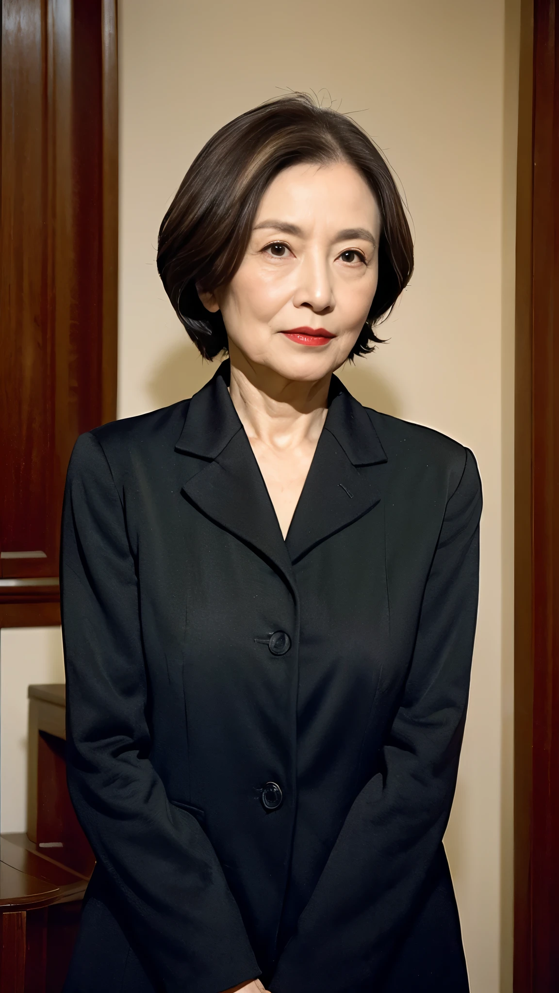 masterpiece, ((Depth of written boundary)), 32K, Beautiful finish, Face close-up, Beautiful mature woman, 65-year-old woman, Photo of your ID, Business Person, ceo, View from the front, A disdainful look, Cool look, Red lips, Thin lips, suit, Light from the front,