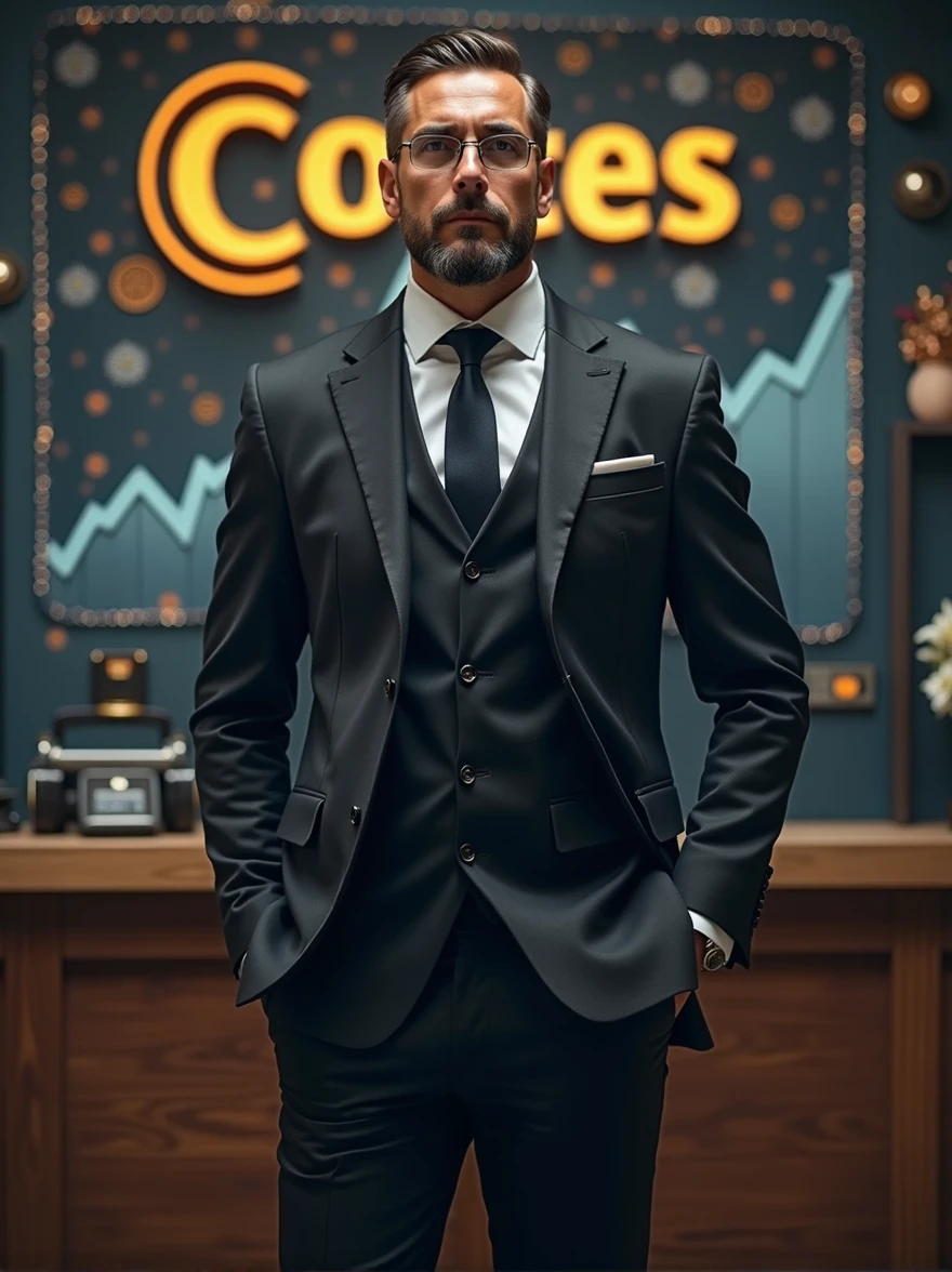 "A full-body image of a man standing, resembling Pablo Marçal, dressed in an elegant dark suit. The background suggests themes of money, featuring financial growth charts, currency symbols, or other prosperity symbols. In the background, there is a prominent logo with the word 'Cortes' displayed."