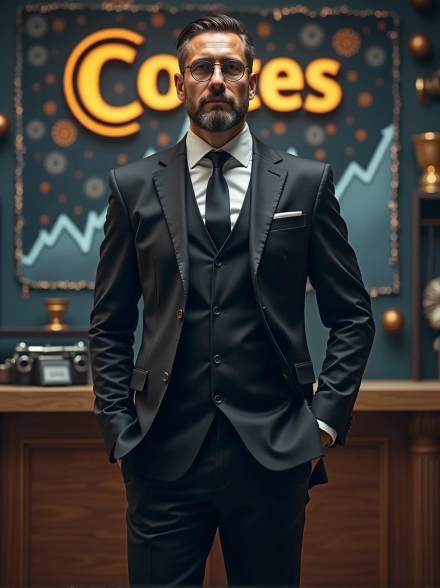 "A full-body image of a man standing, resembling Pablo Marçal, dressed in an elegant dark suit. The background suggests themes of money, featuring financial growth charts, currency symbols, or other prosperity symbols. In the background, there is a prominent logo with the word 'Cortes' displayed."