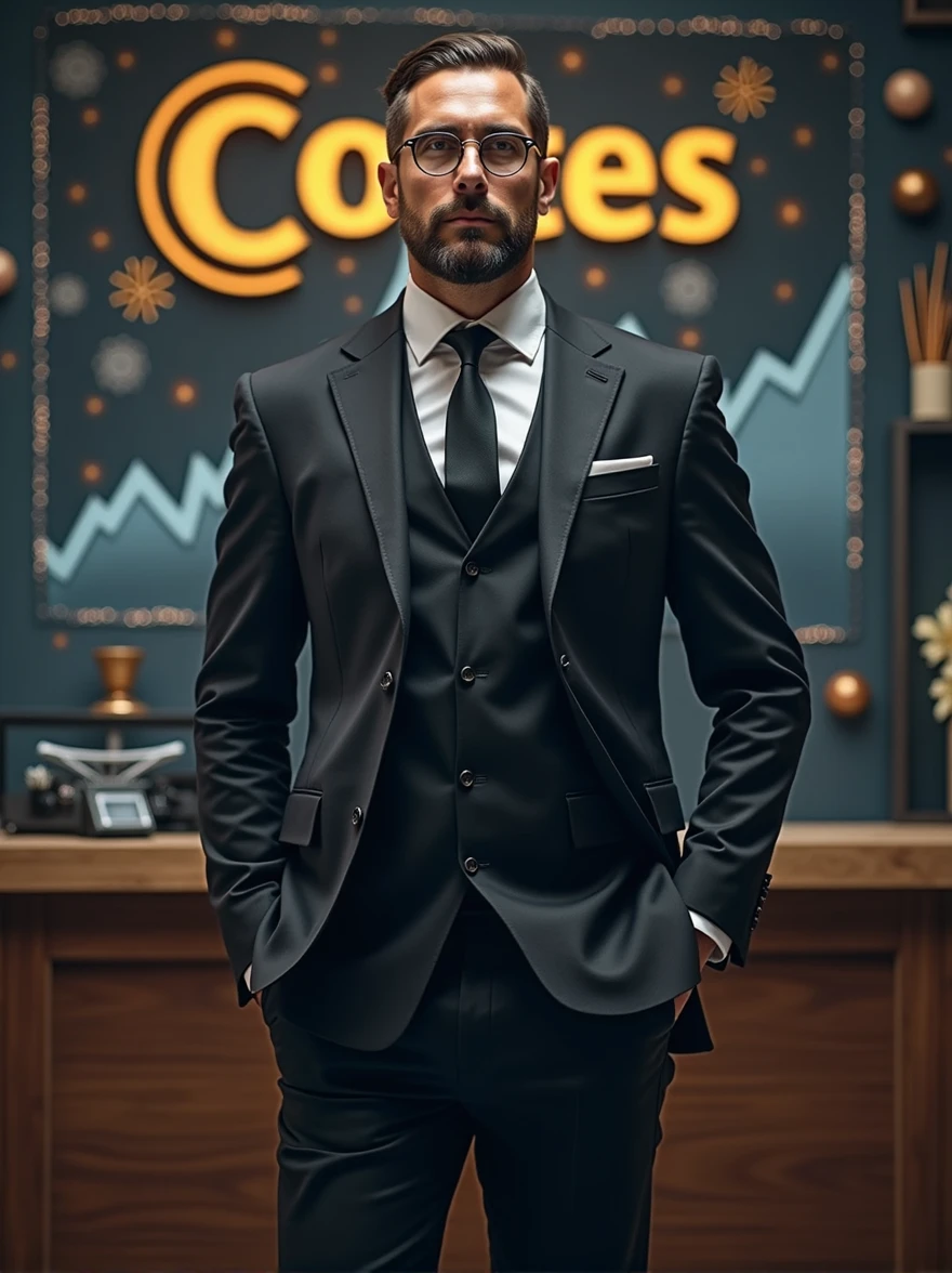 "A full-body image of a man standing, resembling Pablo Marçal, dressed in an elegant dark suit. The background suggests themes of money, featuring financial growth charts, currency symbols, or other prosperity symbols. In the background, there is a prominent logo with the word 'Cortes' displayed."
