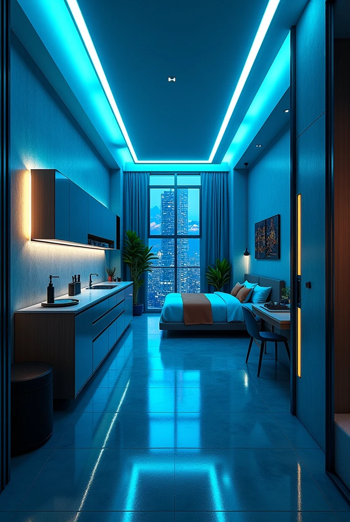 Apartment Interior, studio apartment, kitchen, bathroom, bedroom, living room, blue neon lights ,art deco design,streamline moderne,futuristic architecture, Abstraction,modern style,Luxury and Luxury,Future night view,Futuristic decorative elements,Metallic,number line,sci-fi lamp,Virtual Engine,Unreal rendering, neon lights, greenery, balcony