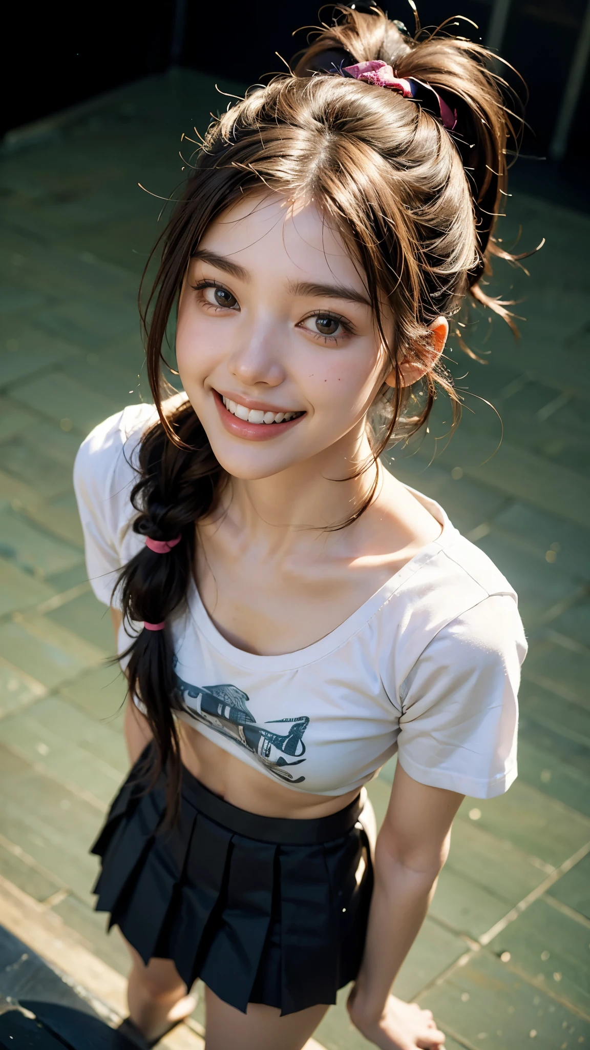 Highest quality, masterpiece, Ultra-high resolution,8k,((Toothy smile portrait:1.4)), (Realistic:1.6), ((A radiant smile)), RAW Photos,((Stylish patterned T-shirt and pleated mini skirt)),((Soft looking breasts)),((Full body photo)),1 person,Slim 22 year old adult female,(Full of smiles, )) ,((Ponytail and hair tie)),((Ribbon in hair)),((Looking up at the audience)),Face Focus:1.4,((Photographed from above with a fisheye lens:1.15)),