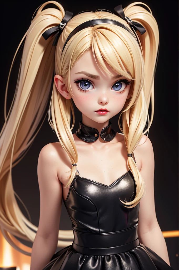 hyperrealistic 14 year old american teen, blonde, little, perfect tiny body, sexy, dark makeup, perfect slim face, big red lips, very cute face, tiny body, big eyes, young looking, childish looking, black party top, black tube skirt, at the disco