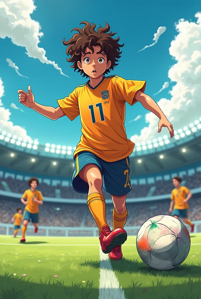 Un jeune footballeur pleins de rêves et d'espoir. Il a les yeux marrons, les cheveux bouclés, il est de taille moyenne et fin. Il est numéro 11. 
Dans le style manga