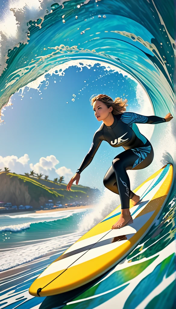 Surfer wearing surfboard.Wear professional gear.When the wave takes shape,Quickly stand on the surfboard and maintain balance.,Flexible control of the direction and speed of your surfboard.Beautiful and extremely textured foreground and background，detailed, bright, Animation style high definition and high quality presentation((Masterpieces in up to 16K resolution):1.6),((soft_color_photography:)1.5), ((Super detailed):1.4),((Typical static images and dynamic angles):1.3), ( perfect anatomy )Complex patterns, soft shadows, highly detailed structures, digital art, high detail,