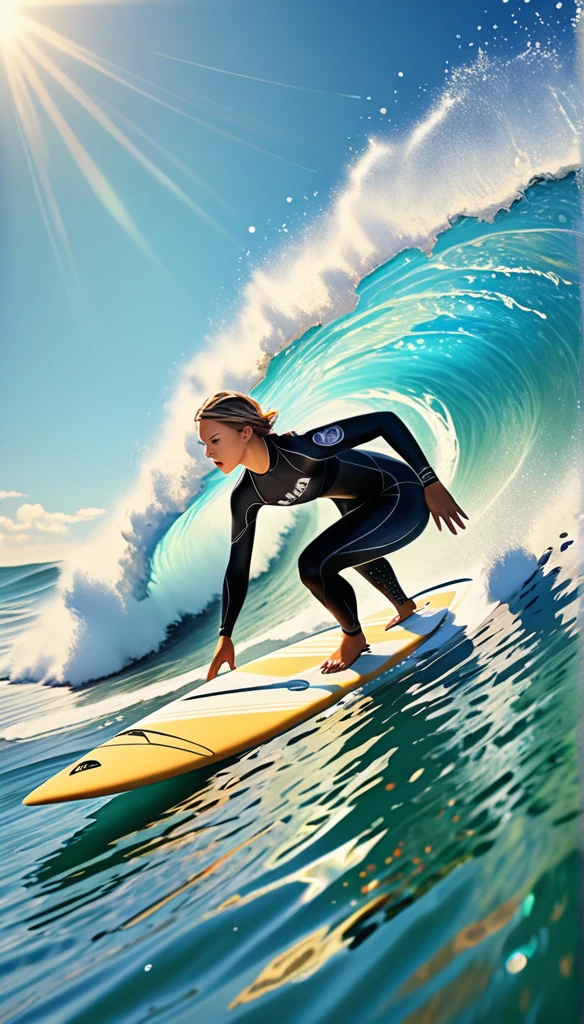 Surfer wearing surfboard.Wear professional gear.When the wave takes shape,Quickly stand on the surfboard and maintain balance.,Flexible control of the direction and speed of your surfboard.Beautiful and extremely textured foreground and background，detailed, bright, Animation style high definition and high quality presentation((Masterpieces in up to 16K resolution):1.6),((soft_color_photography:)1.5), ((Super detailed):1.4),((Typical static images and dynamic angles):1.3), ( perfect anatomy )Complex patterns, soft shadows, highly detailed structures, digital art, high detail,