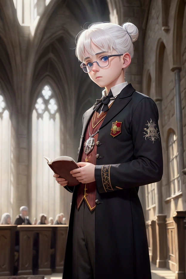 He has white hair, two buns, blue eyes, black-rimmed glasses, a Gryffindor uniform, standing in the Great Hall of Hogwarts, the sky is old now, white light shines in. The face of a young boy is bright, the art style of the manhwa