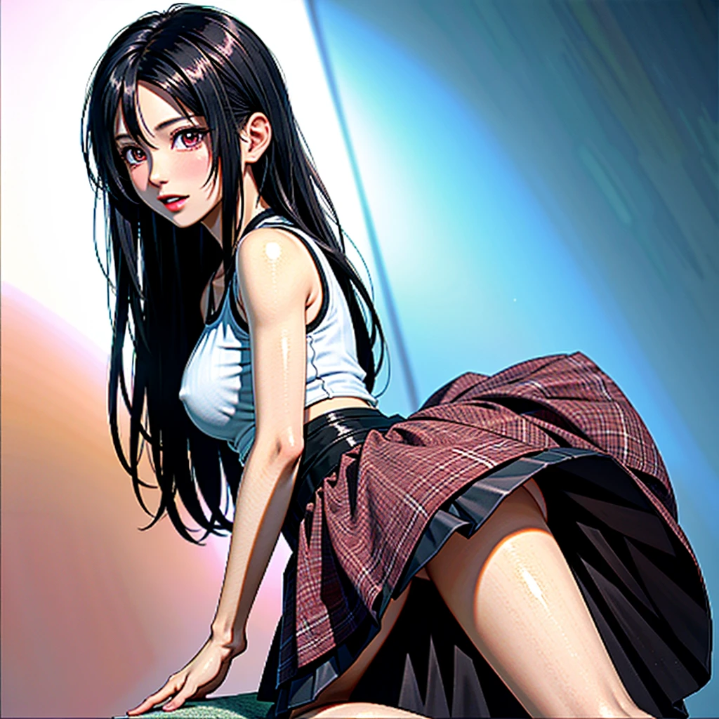 a beautiful office lady with black hair, wearing a flared skirt and a blouse, embarrassed facial expression, mature, (upskirt view from low angle:1.0), pastel panties,(1 person:1.5),(upskirt:1.5)