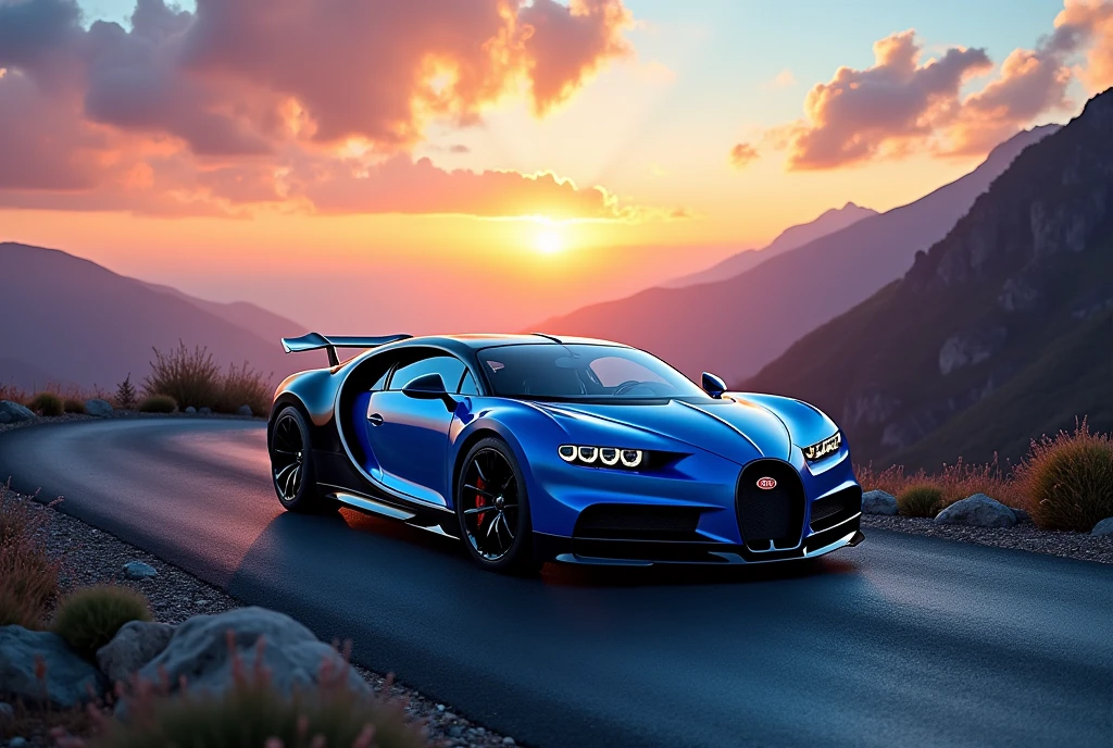 A captivating digital wallpaper showcases a sleek and elegant bugatti chiron, color blue and black, parked on a serpentine mountain road. The car's glossy paint job highlights its intricate and complex design, exuding power and luxury. The vibrant sky is filled with a breathtaking view of the azure heavens above and the golden sun setting behind the horizon. The cinematic atmosphere creates a stunning visual treat for automobile enthusiasts., cinematic, photo, vibrant