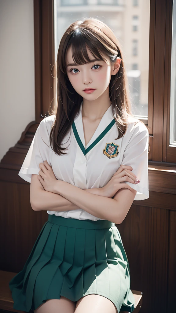 ((masterpiece,best quality, high resolution)), 1girl, solo, green eyes, blonde long hair tied with blue ribbon, blunt bangs, sitting, folded arms on the table, sleep on the folded arms, school uniform, white serafuku, red sailor collar, short sleeves, white pleated skirt, (in library), dramatic light, beside window, afternoon light through the window, afternoon, bokeh effect