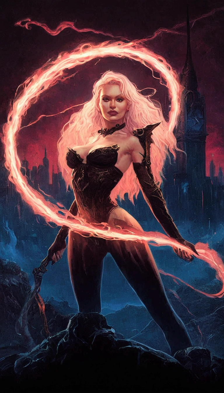 a woman in a black outfit holding a fire ring, style of raymond swanland, artgerm julie bell beeple, inspired by Mark Brooks, extremely detailed artgerm, artgerm style, epic fantasy art style hd, epic fantasy digital art style, in style of dark fantasy art, fantasy woman, in the style artgerm, fantasy artwork