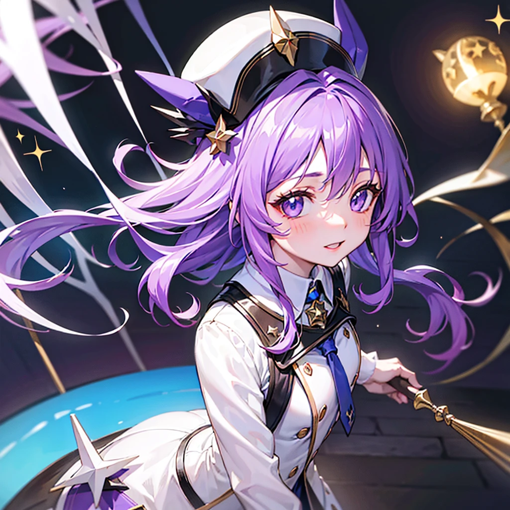 With two-tailed long hair and has cosmic bluish purple colored stripes and dark bluish purple colored eyes Cosmic and has Glitter-Glitter Galaxy as real, he wears a white-colored hat-like Hat-detective to Brown Somewhat the caption, and a Glass and flat horn that is Purple Blue Cosmic at the collar of his Tow and a round brown eyeglass is Purple to the blue Cosmic Galaxy On it and a white necklace.