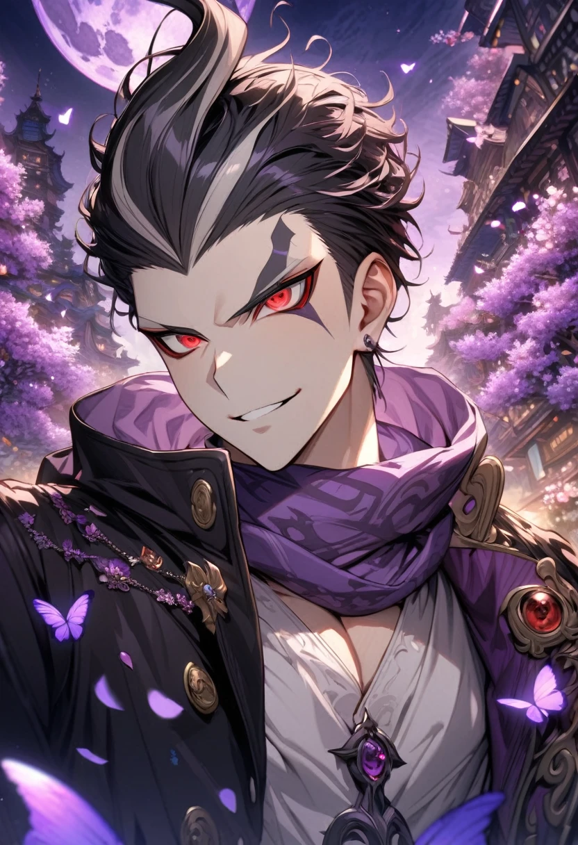 absurdres, highres, ultra detailed, HDR, master piece, best quality, extremely detailed, Tanaka Gundham, black hair, expressive red eyes, Danganronpa, solo, sexy man, handsome, handsome smile, purple scarf, black coat, white T-shirt, fantasy, magical, shining, purple flowers, blossoms, water, purple petals, purple butterflies, sparkling, purple moon, starry sky