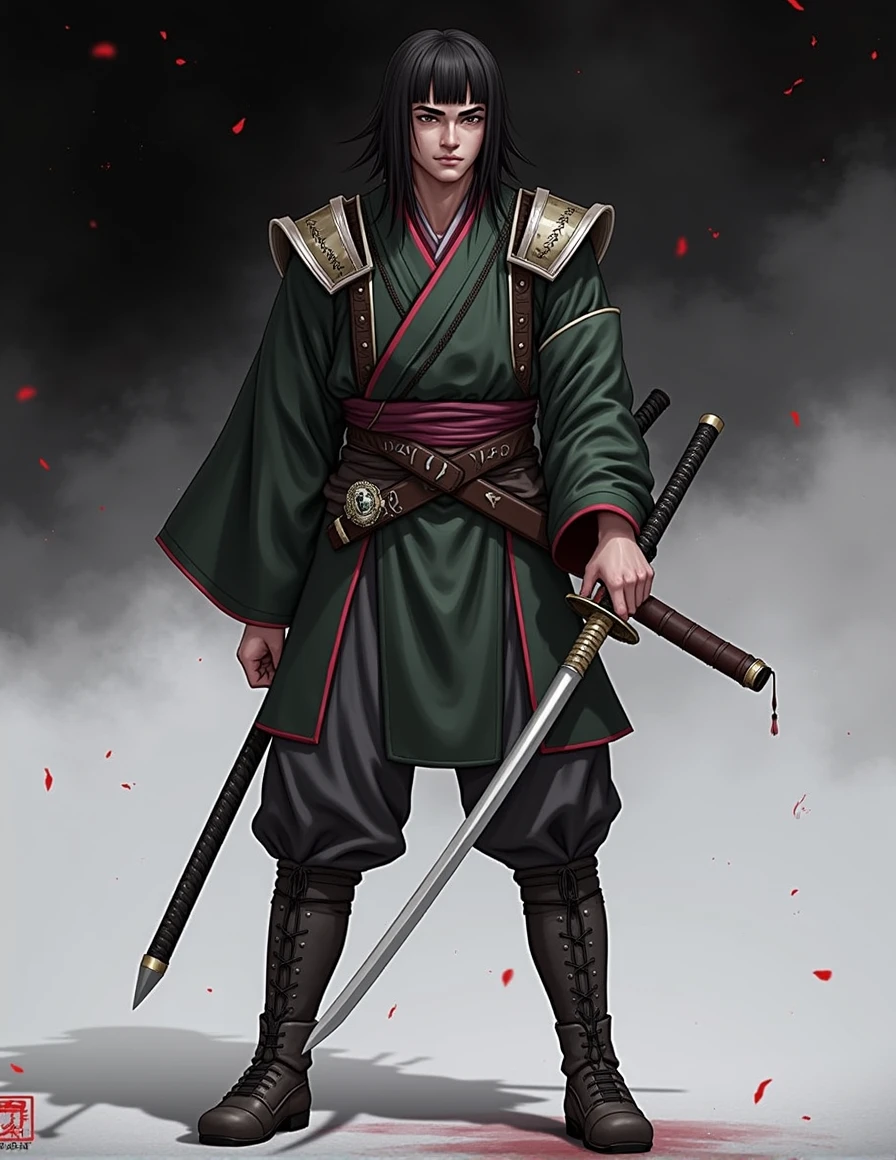 Katsuo Miyamoto, Um jovem de 25 anos, he is 188 tall, uses a katana and has electrical powers, your hair is black, and he has long bangs parted in the middle, he has Japanese nationality, His skin is very white, and wears a samurai outfit, extremely similar to the costume mentioned in the tool "image tip" 