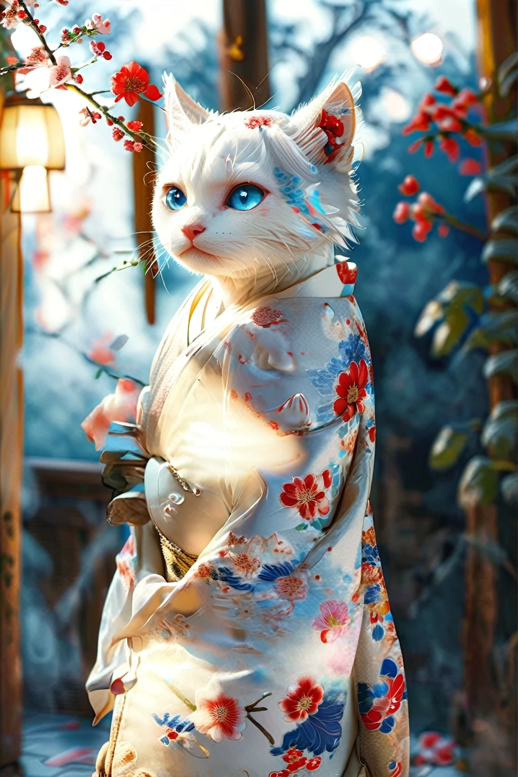Precision realistic artwork、Anthropomorphized white cat demon、Beautiful Blue Eyes、Beautiful delicate bob hair、 ,A mysterious beautiful white cat monster wearing a Japanese kimono,Kimono with red flower pattern on white background,Illuminated by the moon at night、(High resolution, Attention to detail, Highest quality、4K),Full moon in the sky、Lanterns on trees々It shines among them and looks fantastic.、Mysterious Landscape