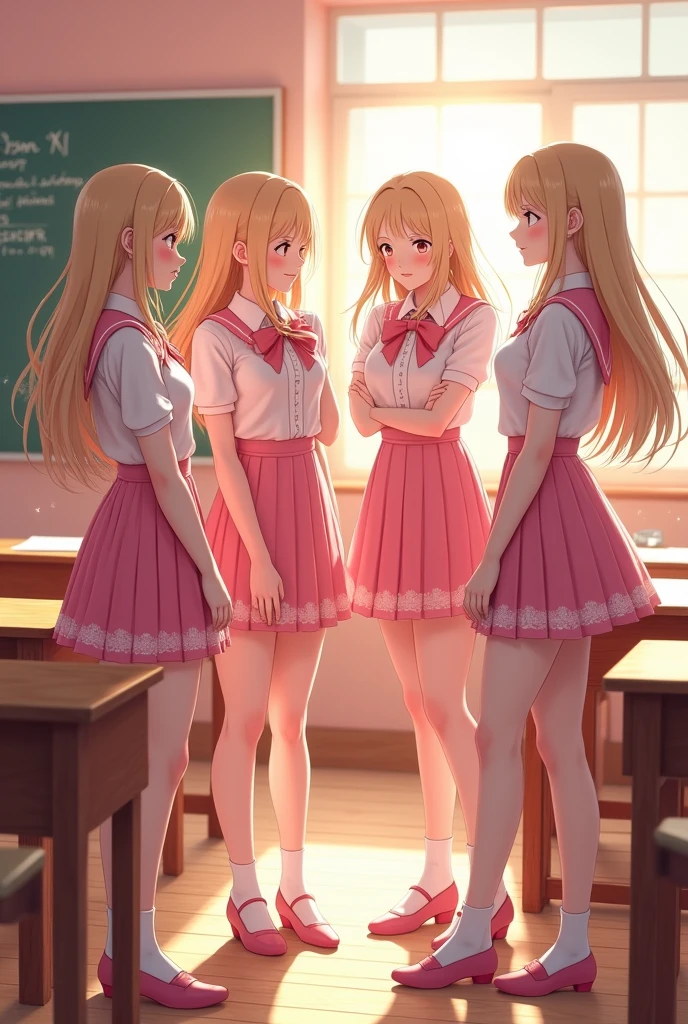 (photorealism:1.2), 4 beautiful school girls, wearing sexy pink school girls costumes, blonde straight hair, indoors in pink school classroom, chatting, realistic, intricate details