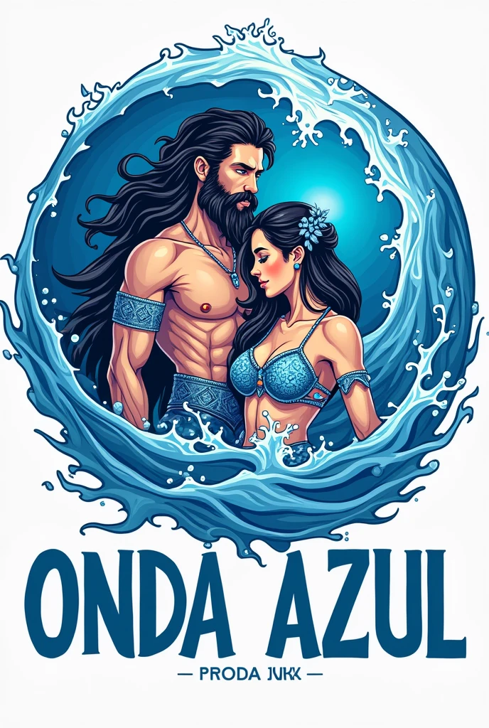 Create a brand logo where you will write ONDA AZUL in front and you will put POSEIDON and IARA, place the name centered, I need the drawings of the two in the middle, make it in a circle shape, youth drawings, name highlighted, trident no Poseidon, remove the name below, leave only blue wave