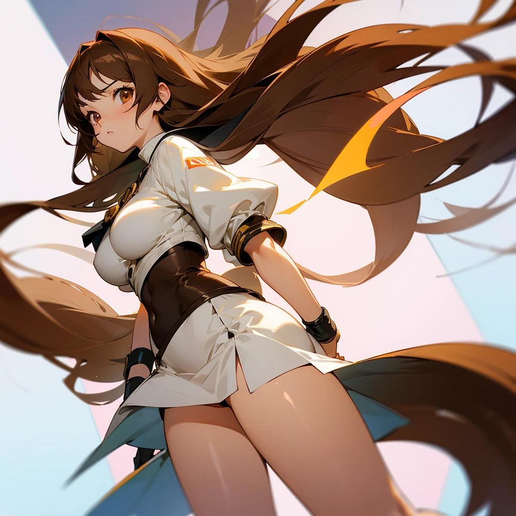 ((best quality)), ((masterpiece)), (detailed), perfect face. Make an angel girl with a white, short-sleeve crop top, a halo, brown hair with bangs, a golden right wye with an X, white short shorts and a belt that has golden ovals on the front part with a piece of cloth covering the front area of her lower body