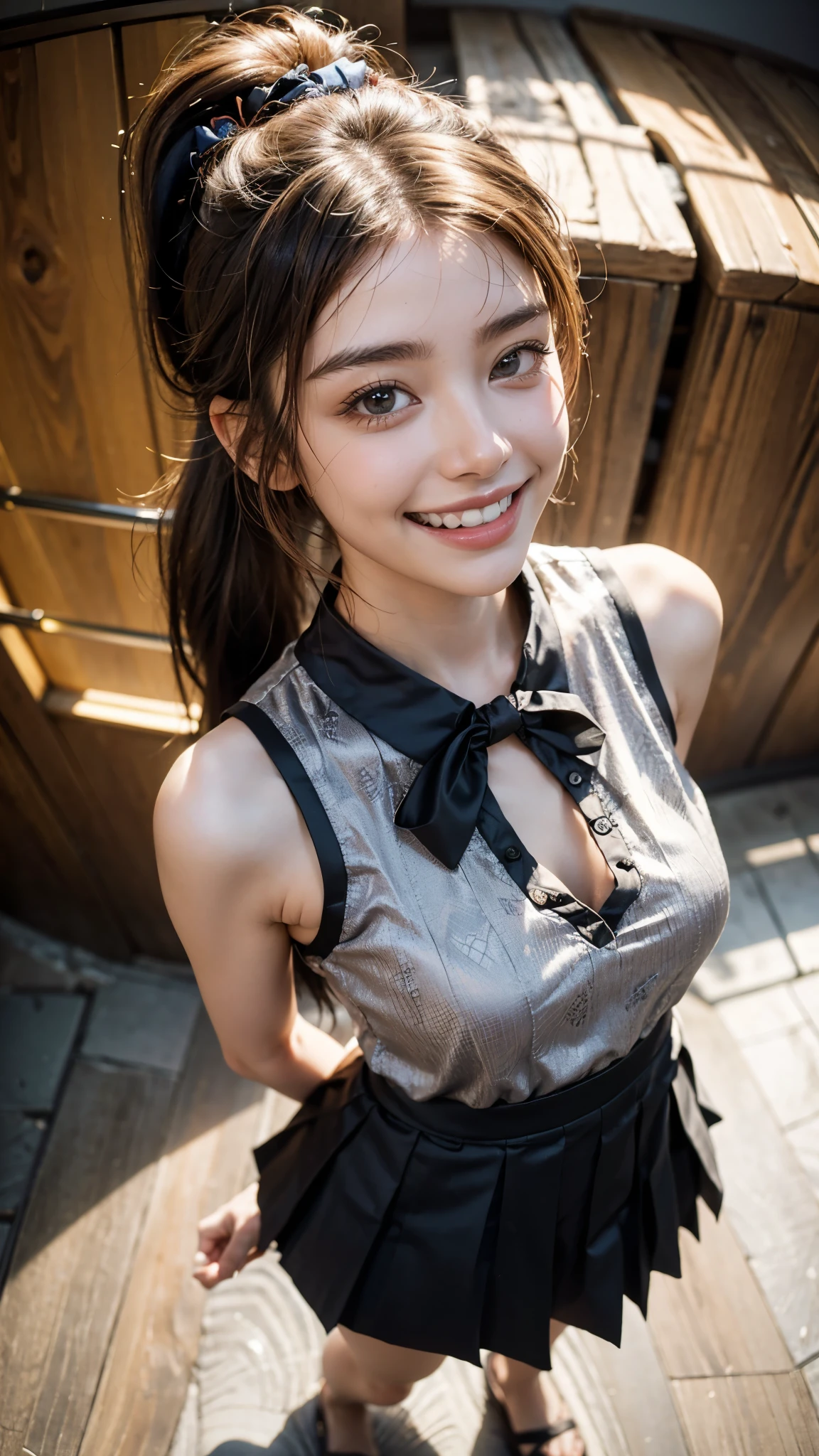 Highest quality, masterpiece, Ultra-high resolution,8k,((Toothy smile portrait:1.4)), (Realistic:1.6), ((A radiant smile)), RAW Photos,((Stylish patterned sleeveless shirt and pleated mini skirt)),((Soft looking breasts)),((Full body photo)),1 person,Slim 22 year old adult female,(Full of smiles, )) ,((Ponytail and hair tie)),((Ribbon in hair)),((Looking up at the audience)),Face Focus:1.4,((Photographed from above with a fisheye lens:1.15)),
