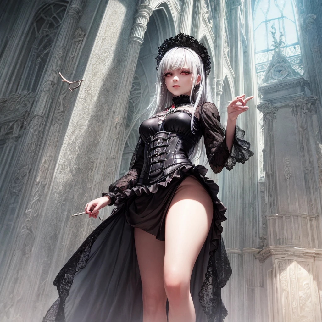 (best quality, 4k, 8k, highres, masterpiece:1.2), ultra-detailed, (realistic, photorealistic, photo-realistic:1.37), HDR, UHD, studio lighting, ultra-fine painting, sharp focus, physically-based rendering, extreme detail description, professional, vivid colors, bokeh, gothic ta, a girl in a majestic cathedral, beautiful detailed eyes, beautiful detailed lips, extremely detailed eyes and face, long eyelashes, elegant gothic dress with a skirt full of frills, red accent embroidery, long shining white hair, mysteriously glowing crimson eyes, queen, crystal flower, sparkling stained glass like a kaleidoscope, layered skirt with detailed embroidery, very layered ruffles, detailed texture, a geometric magic circle above her head, ornamented silver walking stick, the hidden forbidden sanctuary, cool pose, glamour, from below