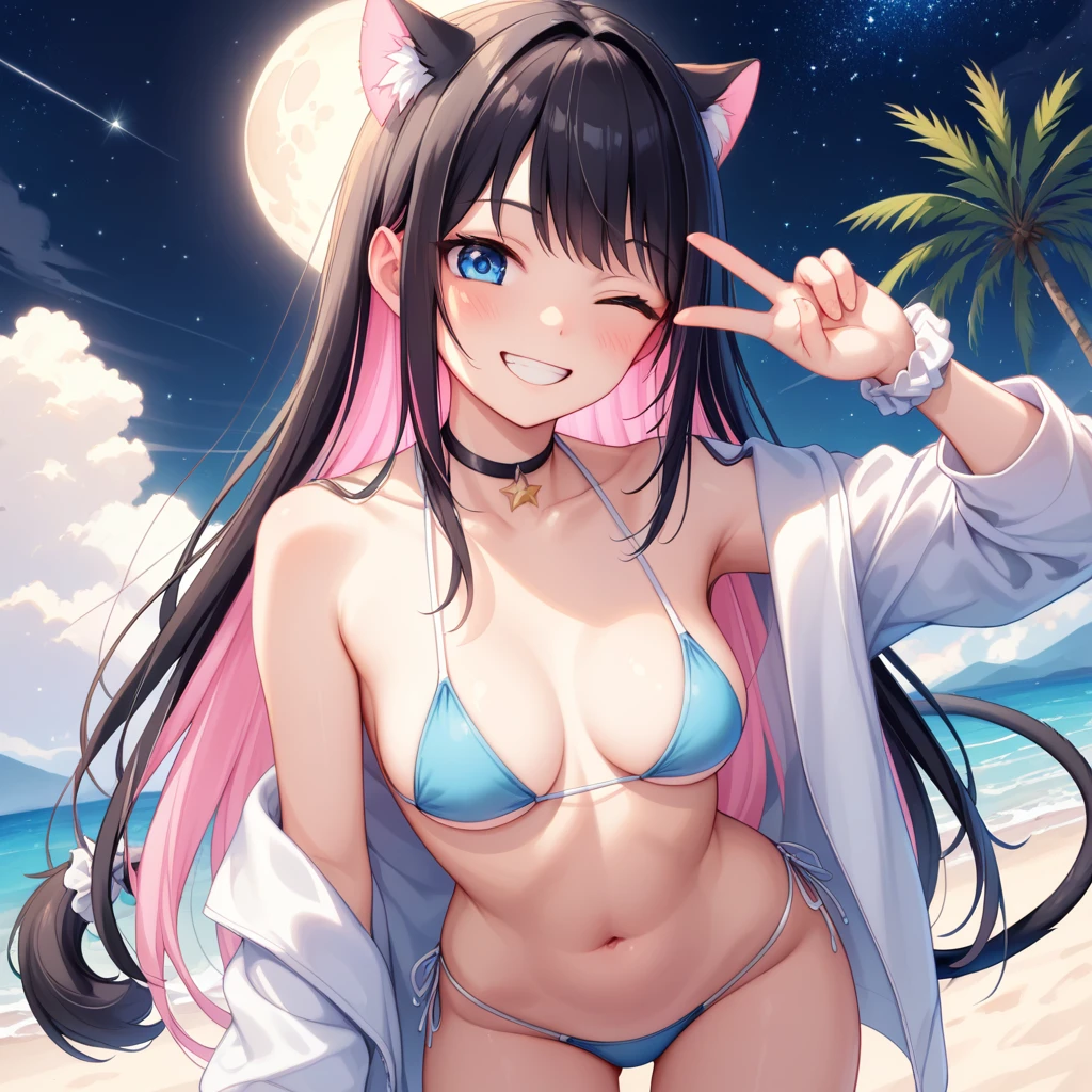 、moon、Starry Sky、firework、Ocean、Sandy Beach、(Realistic Shadows)straight-on、breast focus、Side Tail、White scrunchie、Long Hair、(colored inner hair　black hair + pink inner hair)、Blue eyes、 White micro bikini、medium breasts、slouching　、smile、A good wink(Drunk:1.2)head tiltskinny　、slim wais、
