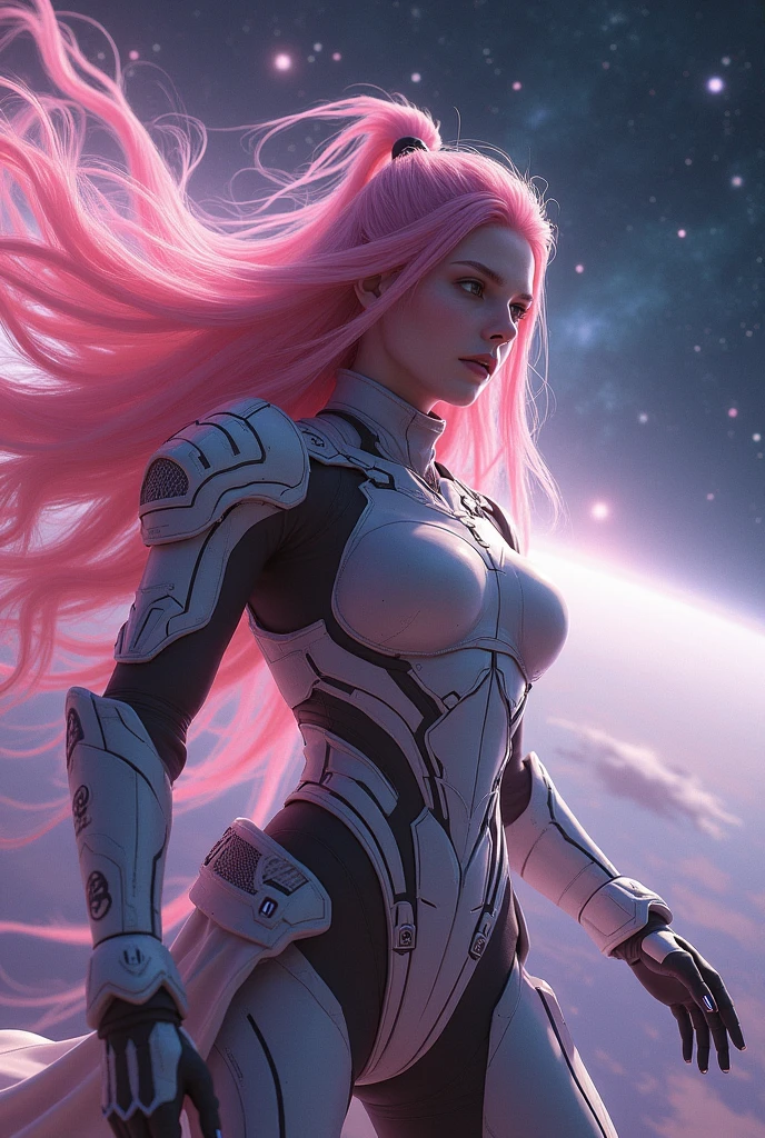 Beautiful Lightning-like pink-haired samurai astronaut