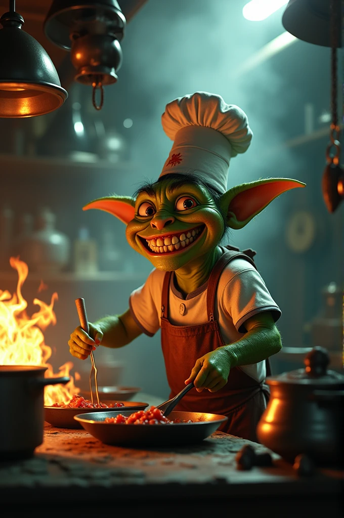 A whimsical and slightly sinister goblin chef with green skin and exaggerated features,wearing a tradition chef's hat and a stained apron.
He has a wide,toothy grine and mischievous eyes,surrounded by a dimly kitchen filled with post and flames.
The atmosphere is smoky and mysterious,with a focus on the chef's playful yet eerie demeanon capturing the essence of a fantasy cooking scene high detail,cinematic lighting and a moody background
