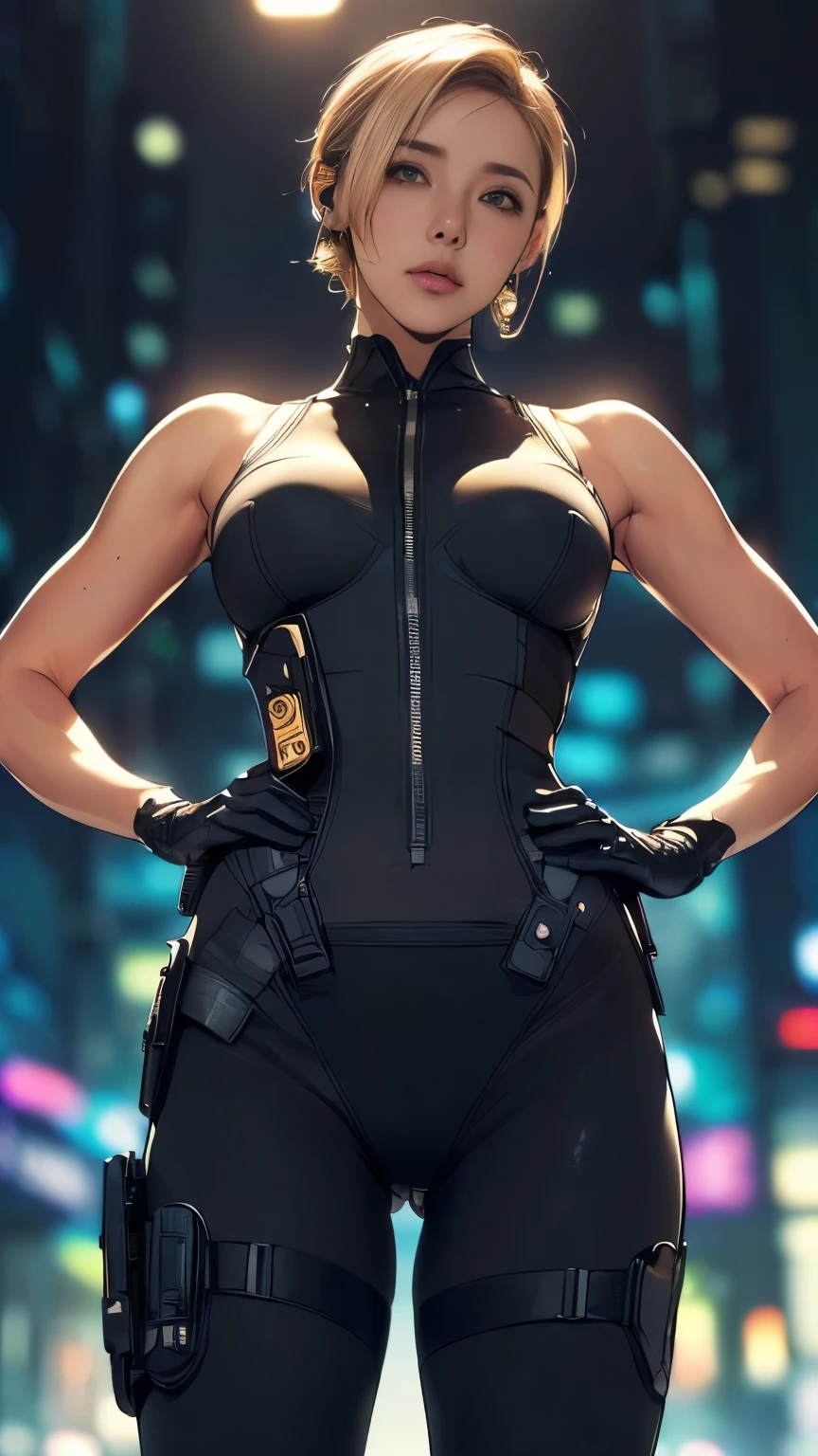 (A woman),(((Future female police officer standing))),((Black Tactical Tights:1.5)),((Camel toe:1.5)),((earphone:1.5)),((Tactical Holster:1.5)),(Gloves:1.5),(((Hands on hips:1.5))),(front:1.5),(From below:1.2),(Super short hair:1.5),(Blonde:1.5),(beautiful eyes:1.3),(Very detailedな顔:1.5),((Very detailedな女性の手の描画:1.5)),((muscular:1.5)),(Sexy look:1.5),((Thick thighs:1.5)),(Beautiful Body:1.5),((Very sensual:1.5)),(The backdrop is a futuristic city:1.5),(Cyberpunk atmosphere:1.5),(((Blurred background:1.5))),(Written border depth:1.5),rest(((masterpiece:1.5),(best quality:1.5),(Very detailed:1.5),(high resolution:1.5),(Practical:1.5),(Practical:1.5),(Delicate depiction),(carefully drawn))),8K,wallpaper