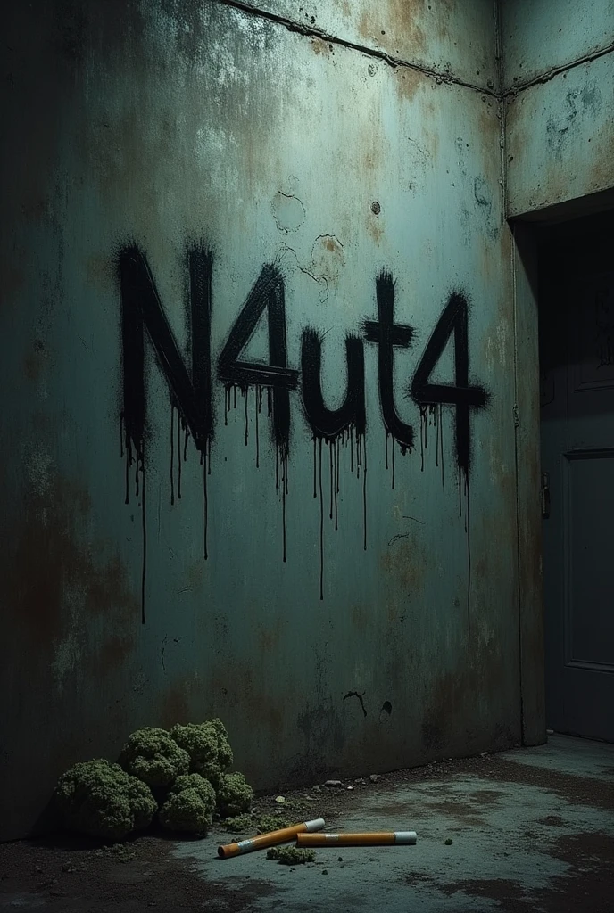 Graffiti written on wall " N4ut4 " dark depressive With cigarettes and image of marijuana herb
