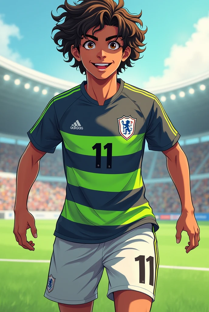 Un jeune footballeur pleins de rêves et d'espoir. Il a les yeux marrons, les cheveux bouclés, il est de taille moyenne et fin. Il est Francais. Il est numéro 11. Il joue avec un maillot gris à bandes vertes fluo.
Dans le style manga