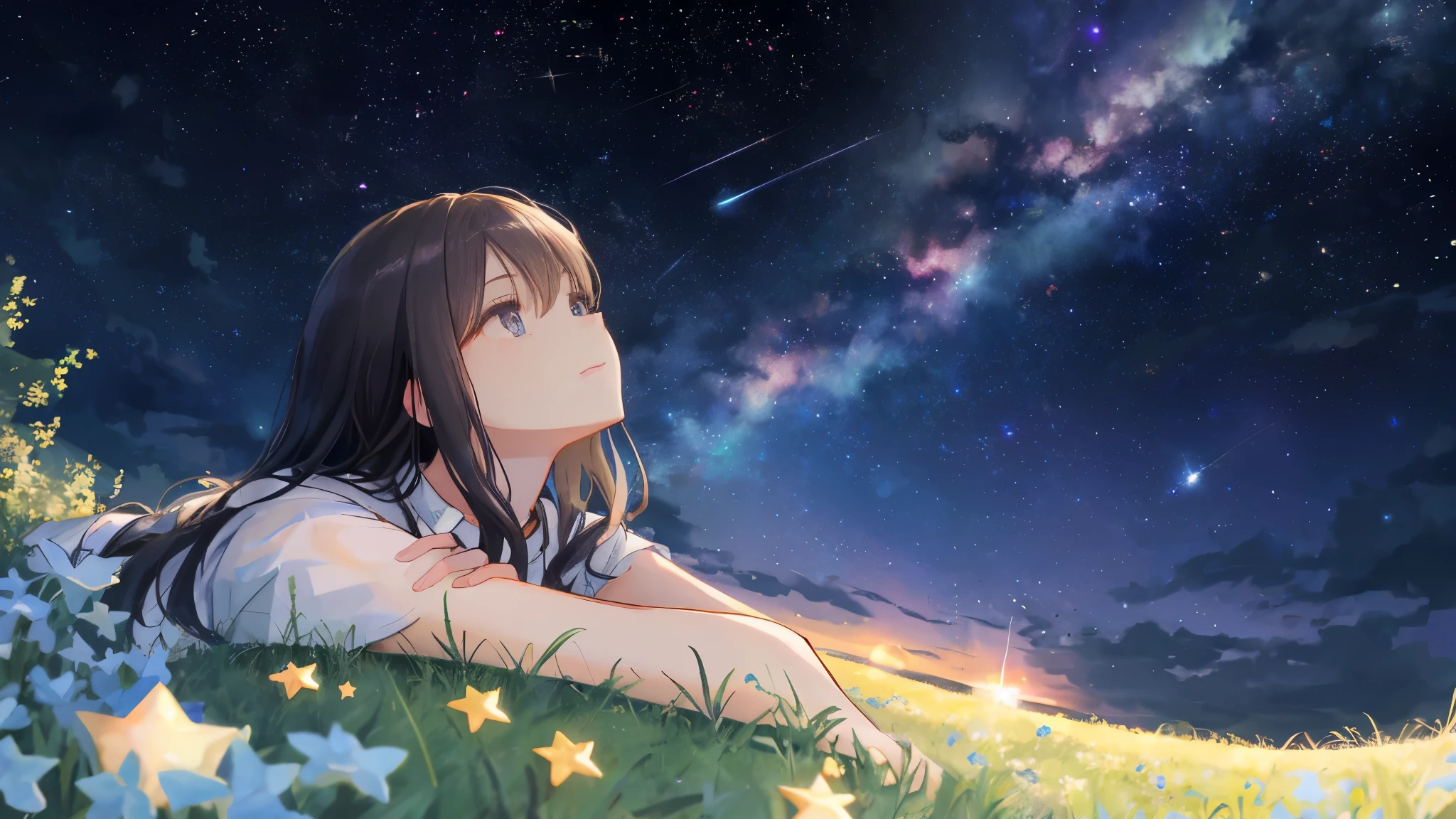 Describe the scene where a pretty girl is lying on a grassy hill..., Look up at the starry sky. Surround her with nebulae and her favorite constellations.
