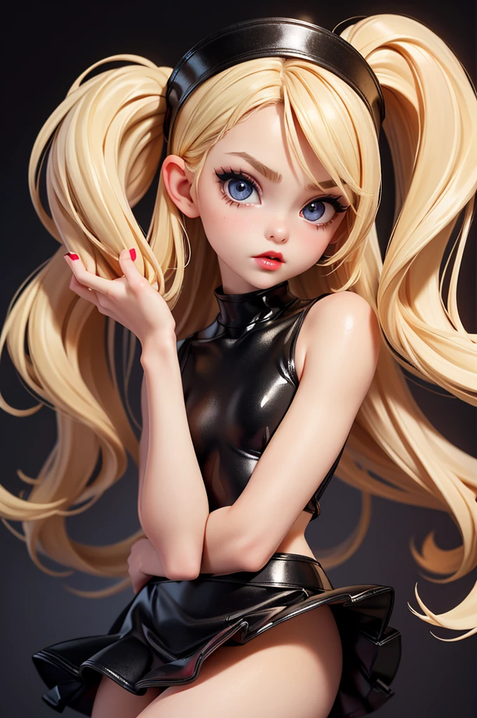 hyperrealistic 14 year old american , blonde, little, perfect tiny body, sexy, dark makeup, perfect slim face, big red lips, very cute face, tiny body, big eyes, young looking, childish looking, black party top, black tube skirt, at the disco