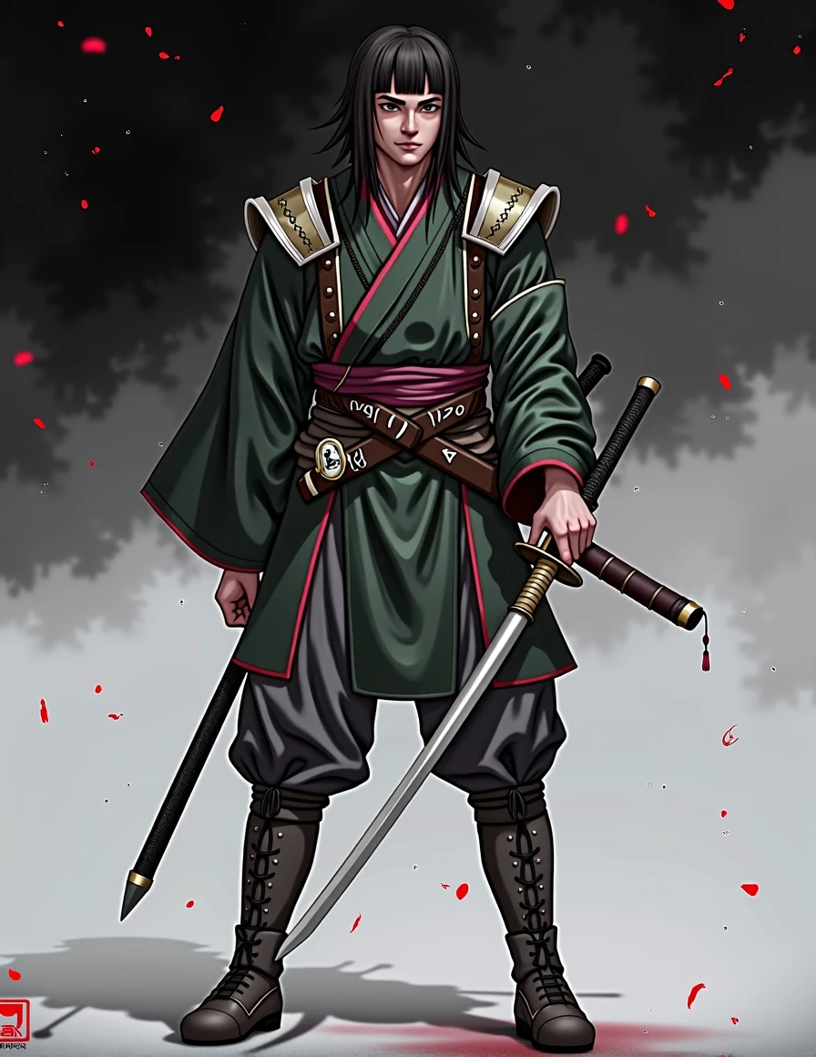 Katsuo Miyamoto, Um jovem de 25 anos, he is 188 tall, uses a katana and has electrical powers, your hair is black, and he has long bangs parted in the middle, he has Japanese nationality, His skin is very white, and wears a samurai outfit, extremely similar to the costume mentioned in the tool "image tip" 