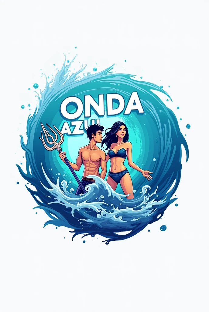 Create a brand logo where you will write ONDA AZUL in front and you will put POSEIDON and IARA, coloque o centered name, I need the drawings of the two in the middle, make it in a circle shape, youth drawings, name highlighted, trident no Poseidon, remove the name below, leave only blue wave, centered name