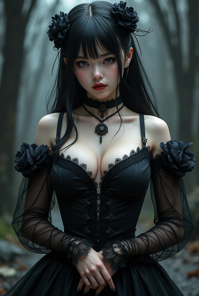 (best quality,4k,8k,highres,masterpiece:1.2),ultra-detailed,(realistic,photorealistic,photo-realistic:1.37),oriental gothic girl,beautiful detailed eyes,beautiful detailed lips,extremely detailed eyes and face,long eyelashes,gloomy expression,dark gothic attire,black lace dress,elaborate headdress,black choker,tattoos on her arms and neck,black thigh-high boots,standing in a mysterious foggy garden,decorated with eerie statues and twisted trees,full moon casting a haunting glow,crimson and black color scheme,evoking a sense of mystery and seduction,subtle yet dramatic lighting,creating deep shadows and highlights,splashes of red and purple lighting,adding an ethereal touch to the scene,emphasizing the girl's feminine features and gothic aesthetic.