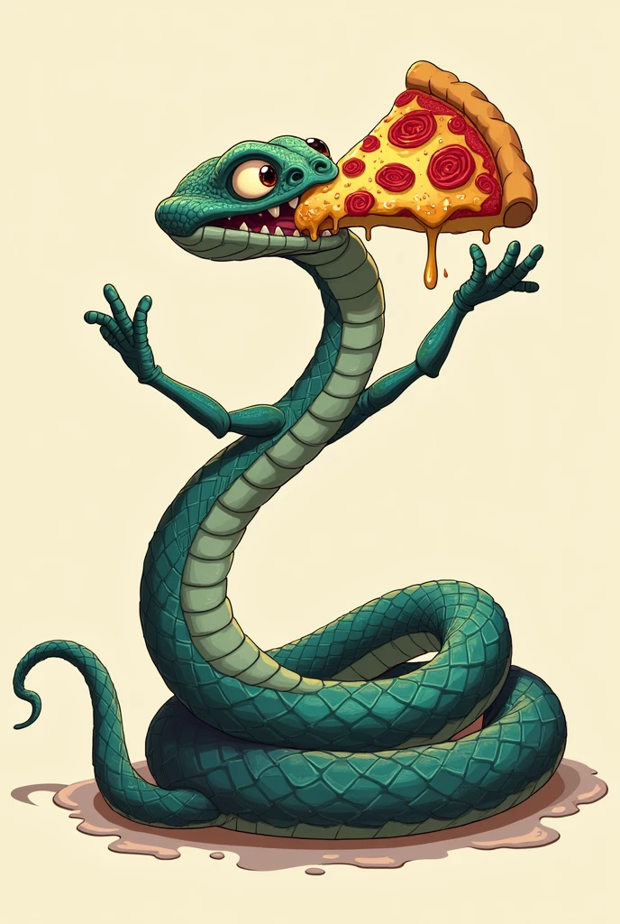 snake logo with arms and eating pizza 