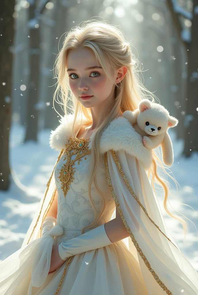 A girl in a beautiful white dress with golden details, blonde, white skin with red cheeks and pink lips, a cape with a plush toy on the edge, snow in the background of a forest 