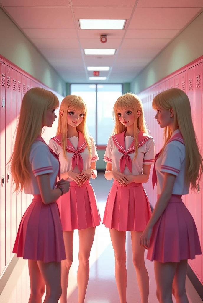 (photorealism:1.2), 4 beautiful school girls, wearing sexy pink school girls costumes, blonde straight hair, indoors in pink school hallway, chatting, realistic, intricate details
