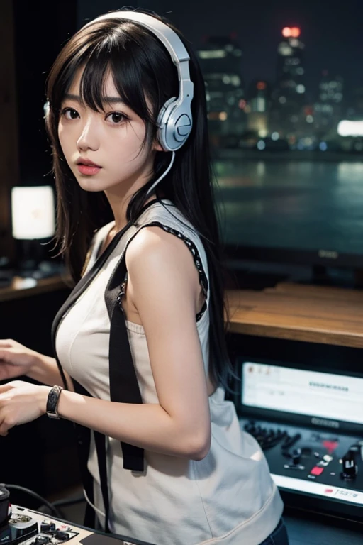 japanese girl,DJ,club,headphone,hip hop,sleeveless