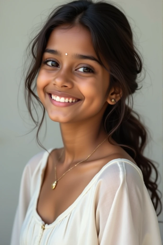 Indian girl, beautiful , smily face, wearing white frock, looking very simple desi girl, sexy pose, close look