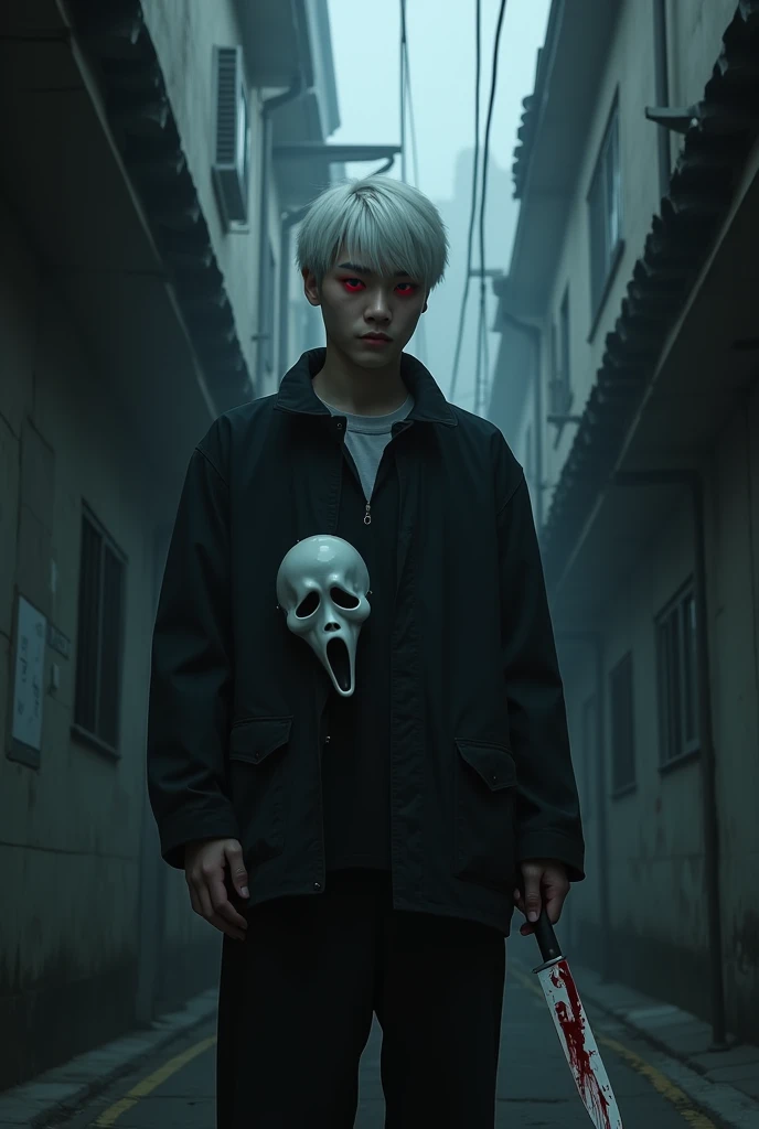 22 year old man, 1,86 meters high, Caucasian skin, Eyes red, white hair, Korean appearance, Ghostface set, with the Ghostface mask from the movie "Scream" in one hand and a bloodstained white knife in the other. Scene of a dark alley