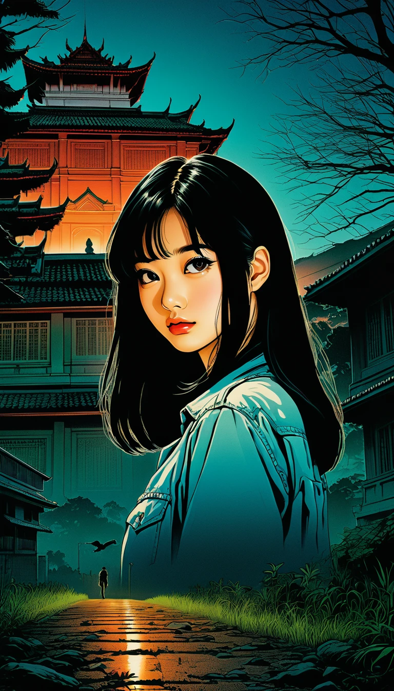 An illustration、art、80s Thai horror movie poster, Supervised by Junji Ito、(high school student:1.25)、night、Western-style building、Western Castle、Attention to detail, Realistic Shadows、Analog Style, chromatic aberration, Surrealism、Complementary Gradient