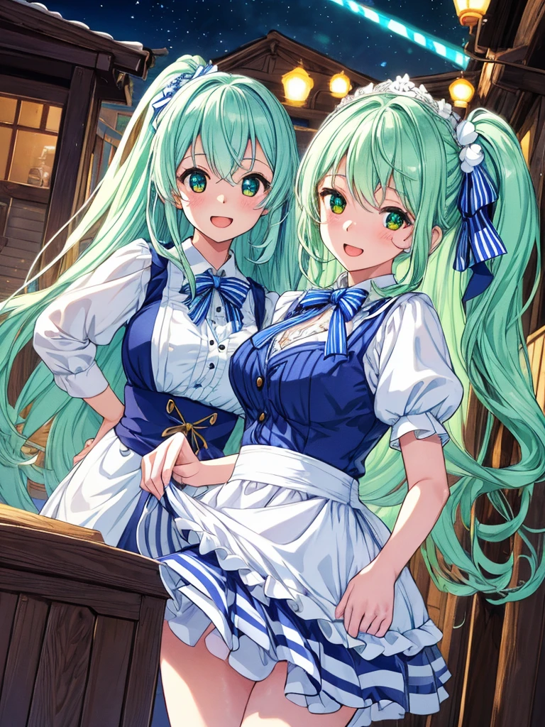 Masterpiece, official art, ultra detailed, top-quality, ultra-definition, high resolution, best quality, perfect eyes, perfect face, 1girl, solo, hourglass figure, Pretty white and blue striped dressed waitress, Neon Green hair, Orange eyes, Loli face, anime girl, ((ultra-detailed illust:1.2)), only one person, bangs, right long side ponytail, white and blue striped ribbon in her hair, hair between eyes, beautiful hair, beautiful eyes, Medium chest, Big smile, beauty mark on chin, opened mouth, white cute cat on girl's head, in front of the workshop house