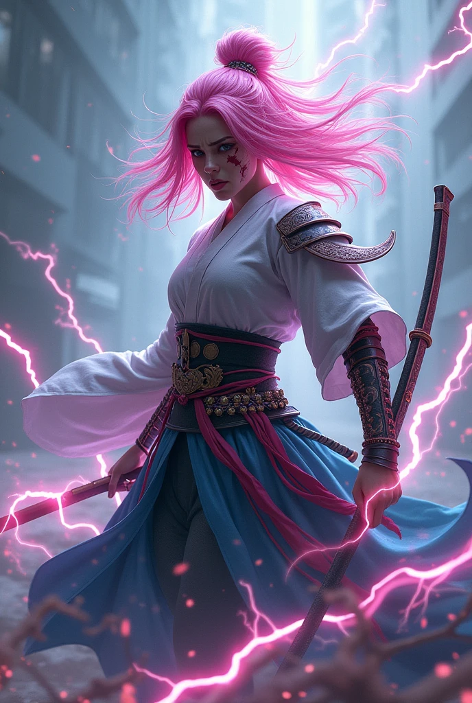 Beautiful Pink-haired Lightning-like samurai Wounded warrior